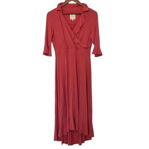 ModCloth A-Line Midi Dress Coral Ruffle V-Neck 3/4 Sleeve Women’s Size Large